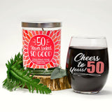 "Cheers to 50 Years!" Wine Glass and "50 Never Looked So Good" Citrus Peach Candle Gift Set