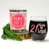 "21 Finally Legal" Wine Glass and "Adios Fake ID" Tropical Fruit Temptations Candle Gift Set