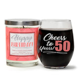 "Cheers to 50 Years" Wine Glass and "Happy Birthday" Vanilla Sandalwood Candle Gift Set