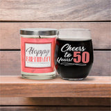 "Cheers to 50 Years" Wine Glass and "Happy Birthday" Vanilla Sandalwood Candle Gift Set