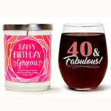 "40 & Fabulous" Wine Glass and "Happy Birthday Gorgeous"  Spiced Tobacco Flower Candle Gift Set