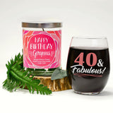 "40 & Fabulous" Wine Glass and "Happy Birthday Gorgeous"  Spiced Tobacco Flower Candle Gift Set