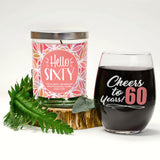 "Cheers to 60 Years!" Wine Glass and "Hello Sixty" Caribbean Retreat Candle Gift Set