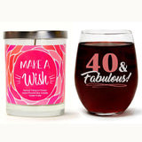 "40 & Fabulous" Wine Glass and "Make a Wish" Spiced Tobacco Flower Candle Gift Set