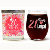"21 Finally Legal" Wine Glass and " She's 21 Bitches" Tropical Fruit Temptations Candle Gift Set