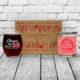 "Cheers to 50 Years!" Wine Glass and "50 Too Glam To Give A Damn" Citrus Peach Candle Gift Set