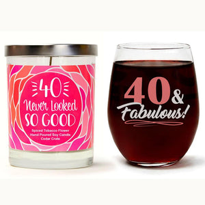"40 & Fabulous" Wine Glass and "Forty Never Looked So Good" Spiced Tobacco Flower Candle Gift Set