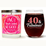 "40 & Fabulous" Wine Glass and "Forty Never Looked So Good" Spiced Tobacco Flower Candle Gift Set
