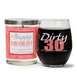 "Dirty 30" Wine Glass and "Happy Birthday" Vanilla Sandalwood Candle Gift Set