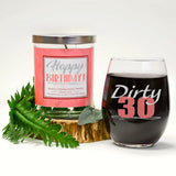 "Dirty 30" Wine Glass and "Happy Birthday" Vanilla Sandalwood Candle Gift Set