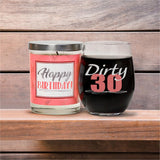 "Dirty 30" Wine Glass and "Happy Birthday" Vanilla Sandalwood Candle Gift Set