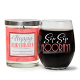 "Sip Sip Hooray!" Wine Glass and "Happy Birthday" Vanilla Sandalwood Candle Gift Set