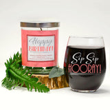 "Sip Sip Hooray!" Wine Glass and "Happy Birthday" Vanilla Sandalwood Candle Gift Set