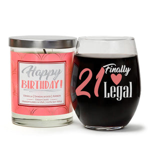 "21 Finally Legal" Wine Glass and "Happy Birthday" Vanilla Sandalwood Candle Gift Set