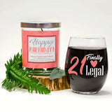 "21 Finally Legal" Wine Glass and "Happy Birthday" Vanilla Sandalwood Candle Gift Set