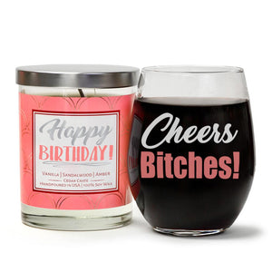 "Cheers Bitches!" Wine Glass and "Happy Birthday" Vanilla Sandalwood Candle Gift Set