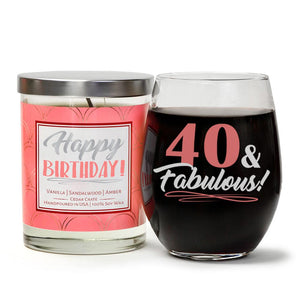 "40 & Fabulous" Wine Glass and "Happy Birthday" Vanilla Sandalwood Candle Gift Set