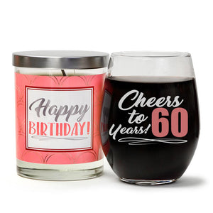 "Cheers to 60 Years" Wine Glass and "Happy Birthday" Vanilla Sandalwood Candle Gift Set