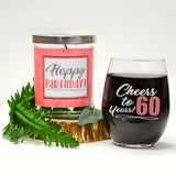 "Cheers to 60 Years" Wine Glass and "Happy Birthday" Vanilla Sandalwood Candle Gift Set