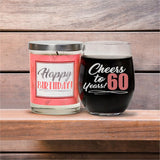 "Cheers to 60 Years" Wine Glass and "Happy Birthday" Vanilla Sandalwood Candle Gift Set