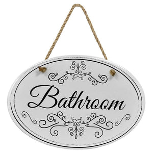 "Bathroom” Black & White | Oval Ceramic Wall Sign | 8 3/4" x 6” x 5/16”