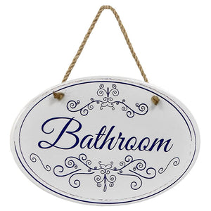 “Bathroom” Blue & White | Oval Ceramic Wall Sign | 8 3/4" x 6” x 5/16”