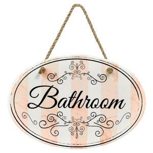 “Bathroom” Pink Stripe | Oval Ceramic Wall Sign | 8 3/4" x 6” x 5/16”