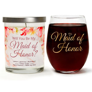 "Maid Of Honor" Wine Glass and "Will You Be My Maid Of Honor?" Jasmine Blossom Candle Gift Set
