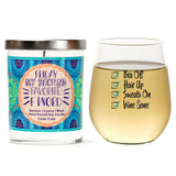 "Bra Off, Hair Up, Sweats On, Wine Gone" Wine Glass and "Friday, My Second Favorite F Word" Bamboo Forest Candle Gift Set