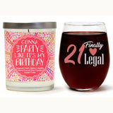 "21 Finally Legal" Wine Glass and "Gonna Party Like It's My Birthday" Tropical Fruit Temptations Candle Gift Set