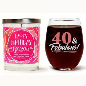 "40 & Fabulous" Wine Glass and "Happy Birthday Gorgeous"  Spiced Tobacco Flower Candle Gift Set
