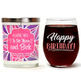 "Happy Birthday!" Wine Glass and "I Love You To The Moon And Back" Lavender and Lemongrass Candle Gift Set
