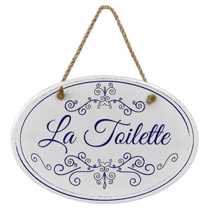 "La Toilette” Blue & White | Oval Ceramic Wall Sign | 8 3/4" x 6” x 5/16”