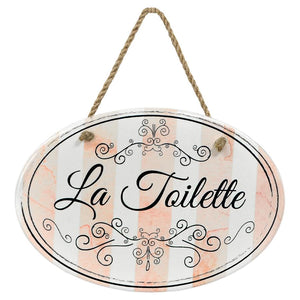 “La Toilette” Pink Stripe | Oval Ceramic Wall Sign | 8 3/4" x 6” x 5/16”