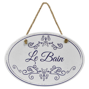 “Le Bain” Blue & White | Oval Ceramic Wall Sign | 8 3/4" x 6” x 5/16”