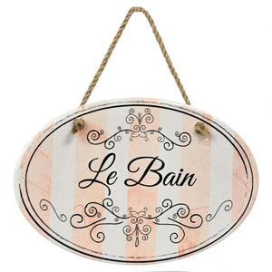 “Le Bain” Pink Stripe | Oval Ceramic Wall Sign | 8 3/4" x 6” x 5/16”