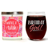 "Birthday Girl!" Wine Glass and "Make A Wish" Bamboo Forest Candle Gift Set