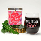 "Birthday Girl!" Wine Glass and "Make A Wish" Bamboo Forest Candle Gift Set