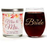 "Bride" Wine Glass and "Miss to Mrs." Jasmine Blossom Candle Gift Set
