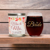 "Bride" Wine Glass and "Miss to Mrs." Jasmine Blossom Candle Gift Set