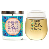 "Bra Off, Hair Up, Sweats On, Wine Gone" Wine Glass and "My Adulting Is Done For Today" Bamboo Forest Candle Gift Set