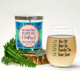 "Bra Off, Hair Up, Sweats On, Wine Gone" Wine Glass and "My Adulting Is Done For Today" Bamboo Forest Candle Gift Set