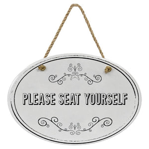 "Please Seat Yourself” Black & White | Oval Ceramic Wall Sign | 8 3/4" x 6” x 5/16”