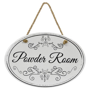 "Powder Room” Black & White | Oval Ceramic Wall Sign | 8 3/4" x 6” x 5/16”