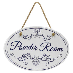 "Powder Room” Blue & White | Oval Ceramic Wall Sign | 8 3/4" x 6” x 5/16”