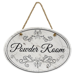 "Powder Room” Marble | Oval Ceramic Wall Sign | 8 3/4" x 6” x 5/16”