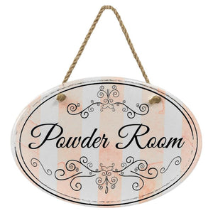 “Powder Room” Pink Stripe | Oval Ceramic Wall Sign | 8 3/4" x 6” x 5/16”