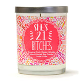 "21 Finally Legal" Wine Glass and " She's 21 Bitches" Tropical Fruit Temptations Candle Gift Set