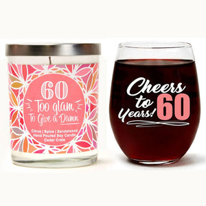 "Cheers to 60 Years!" Wine Glass and "60 Too Glam To Give A Damn" Caribbean Retreat Candle Gift Set