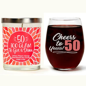 "Cheers to 50 Years!" Wine Glass and "50 Too Glam To Give A Damn" Citrus Peach Candle Gift Set